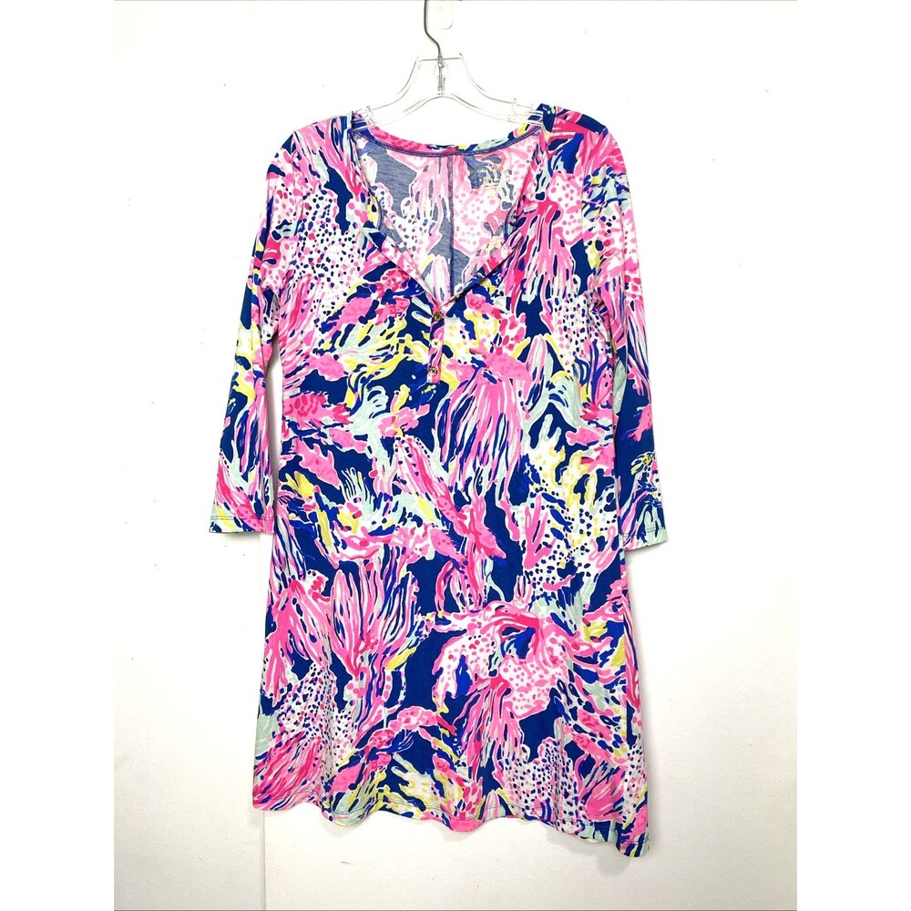 Lilly Pulitzer Banyan T-shirt Dress Women S Multicolor Coral Sleeves 3/4 Beach
